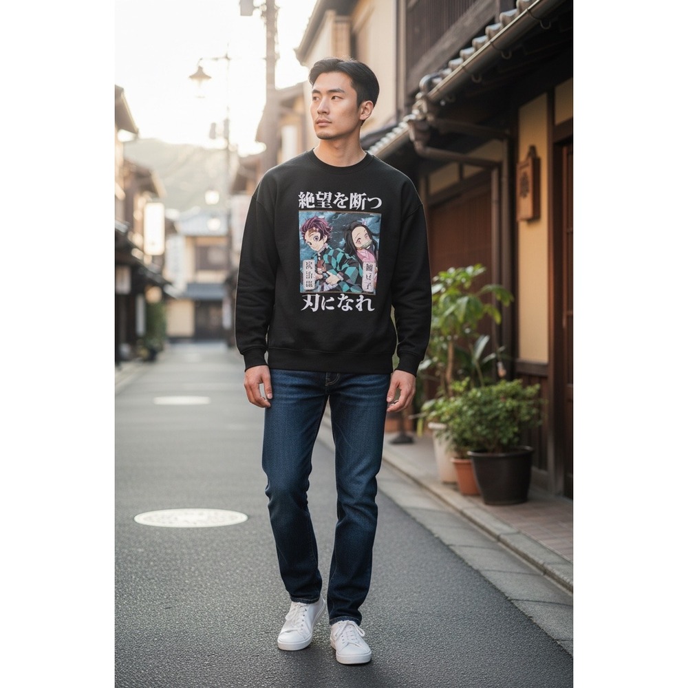 Demon Slayer Tanjiro Nezuko Graphic Sweatshirt Mens Medium Black Anime Pullover